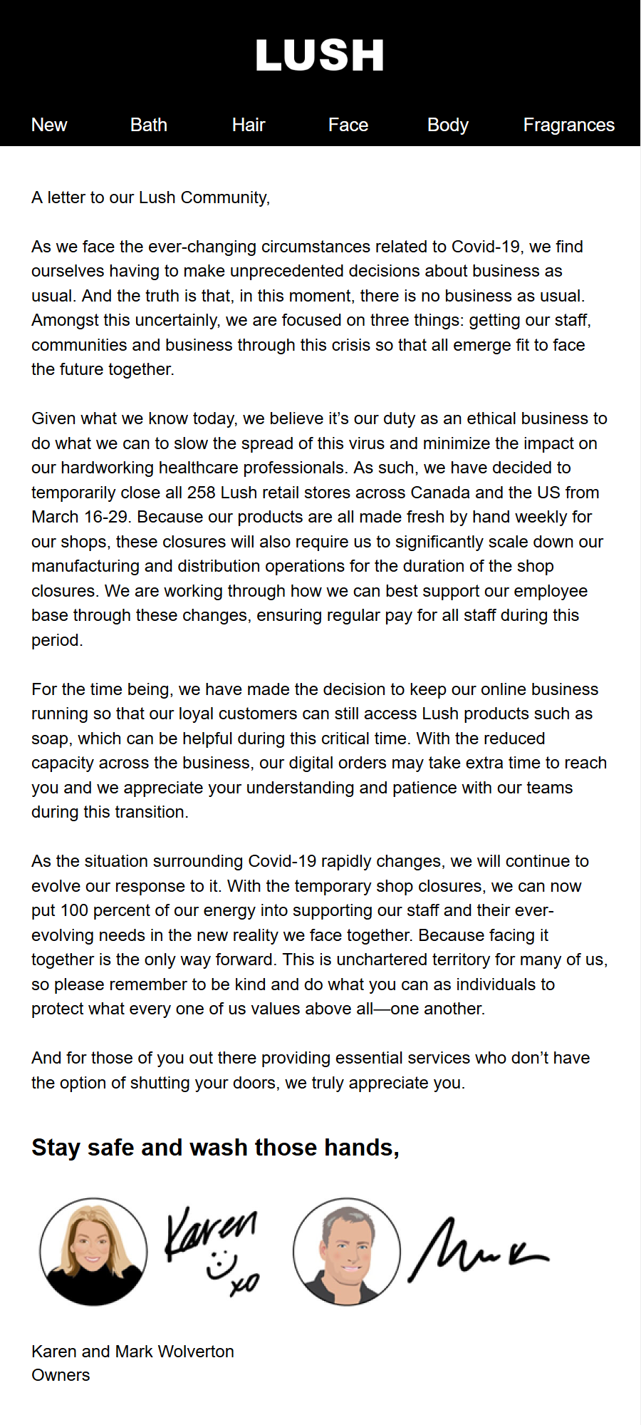 Письмо от Lush о реакции бренда на ситуацию с коронавирусом