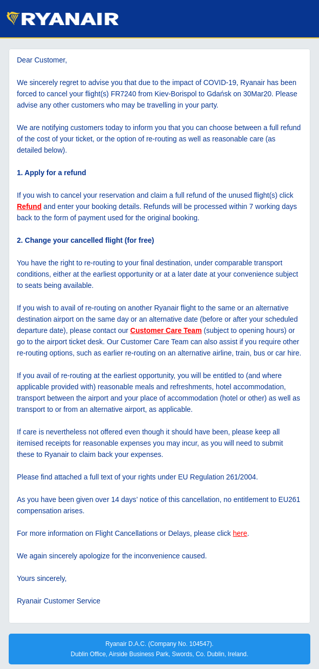 Письмо об отмене рейса от авиакомпании Ryanair