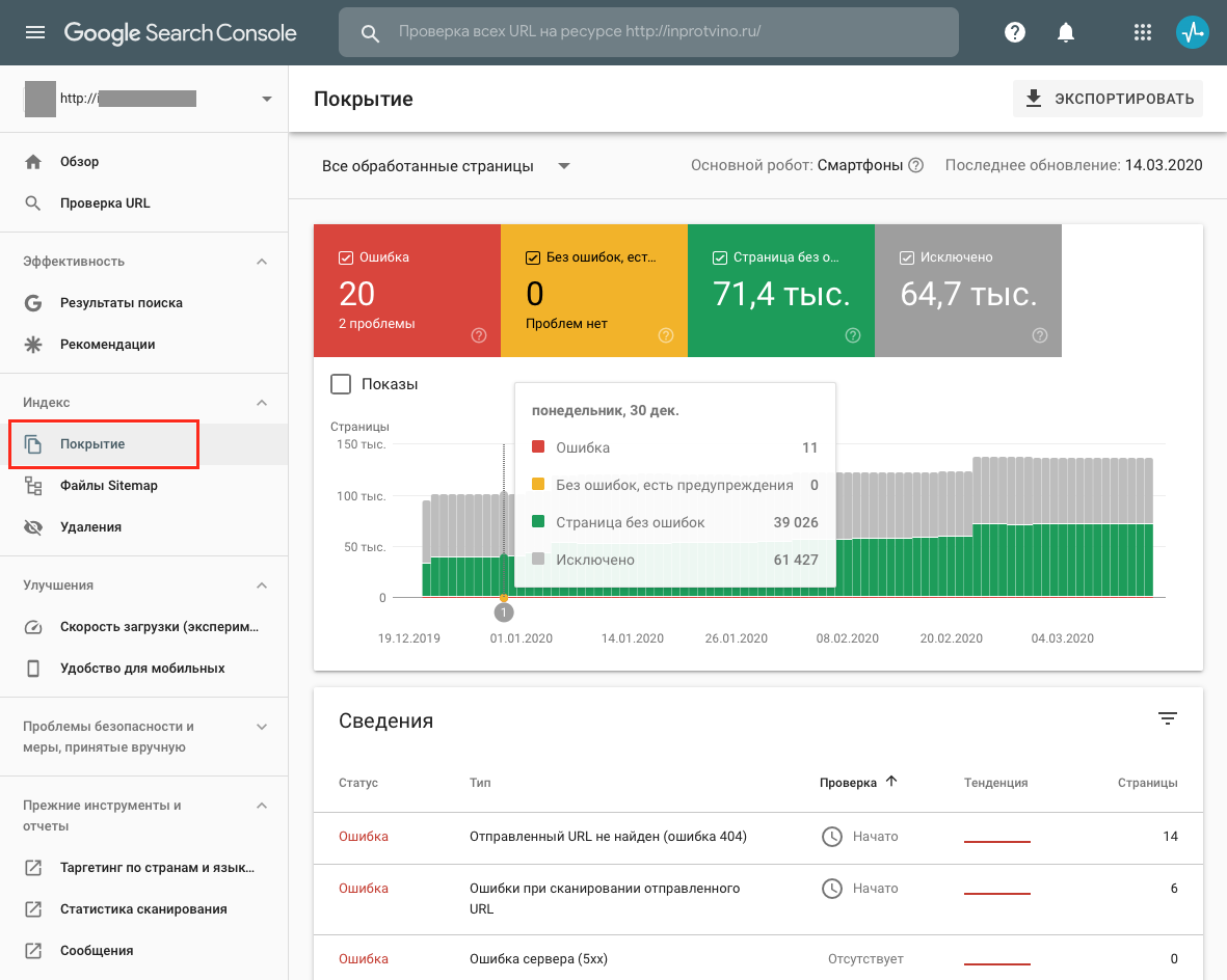 Отчет «Покрытие» в Google Search Console Отчет «Покрытие» в Google Search Console