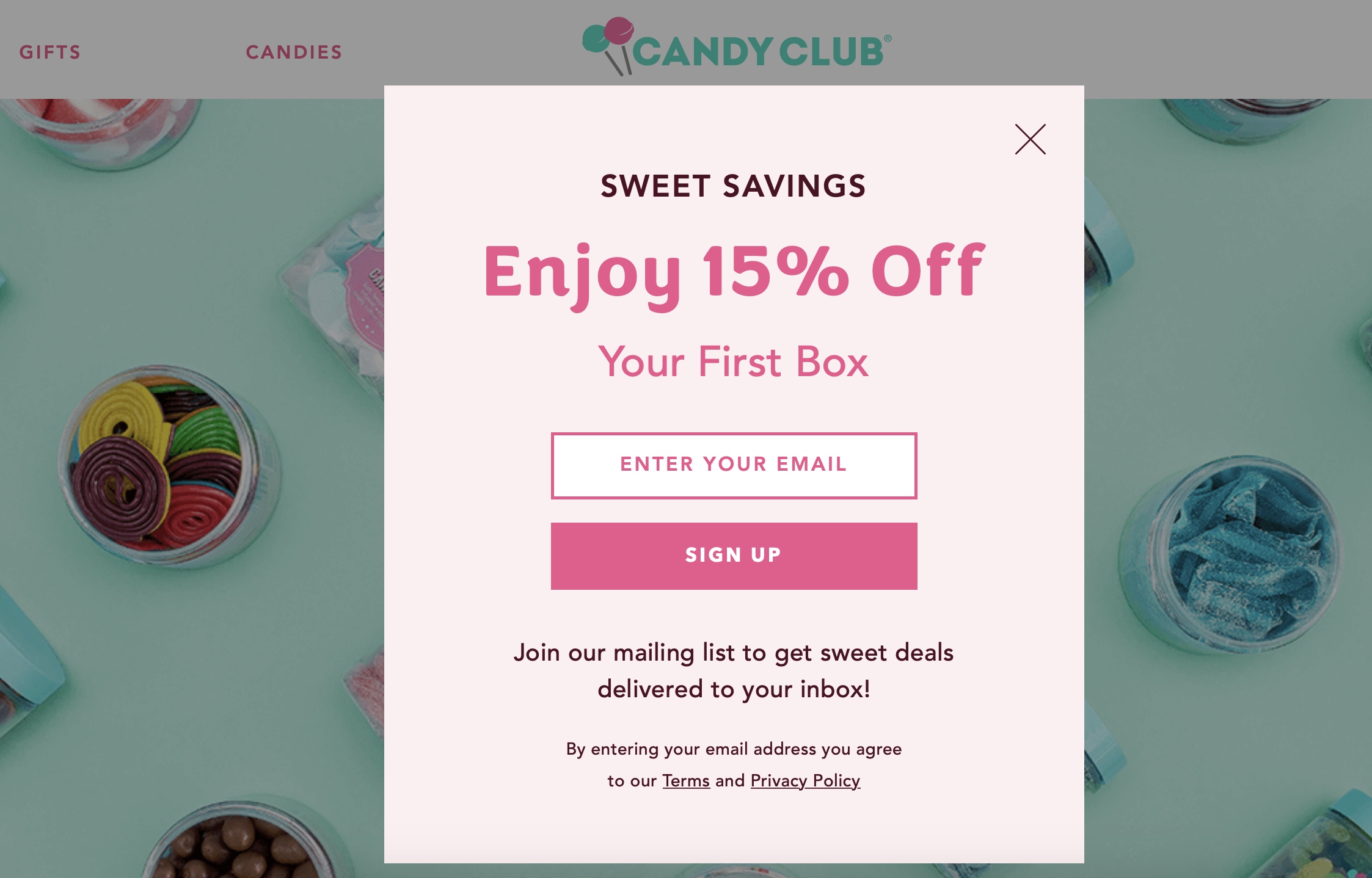 O Candy Club torna os visitantes do seu site em leads usando um cupom de desconto de boas-vindas