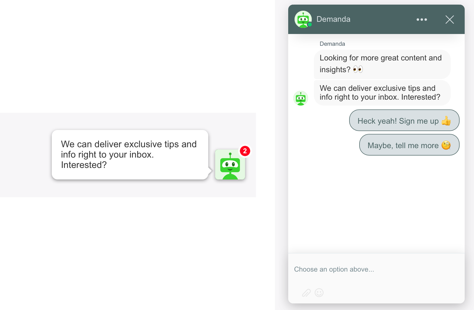 O chatbot de geração de leads é integrado com o blog New Breed e envolve o leitor com um chat amigável