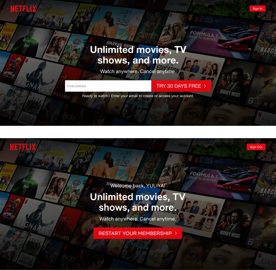 Botões de CTA personalizados no site da Netflix