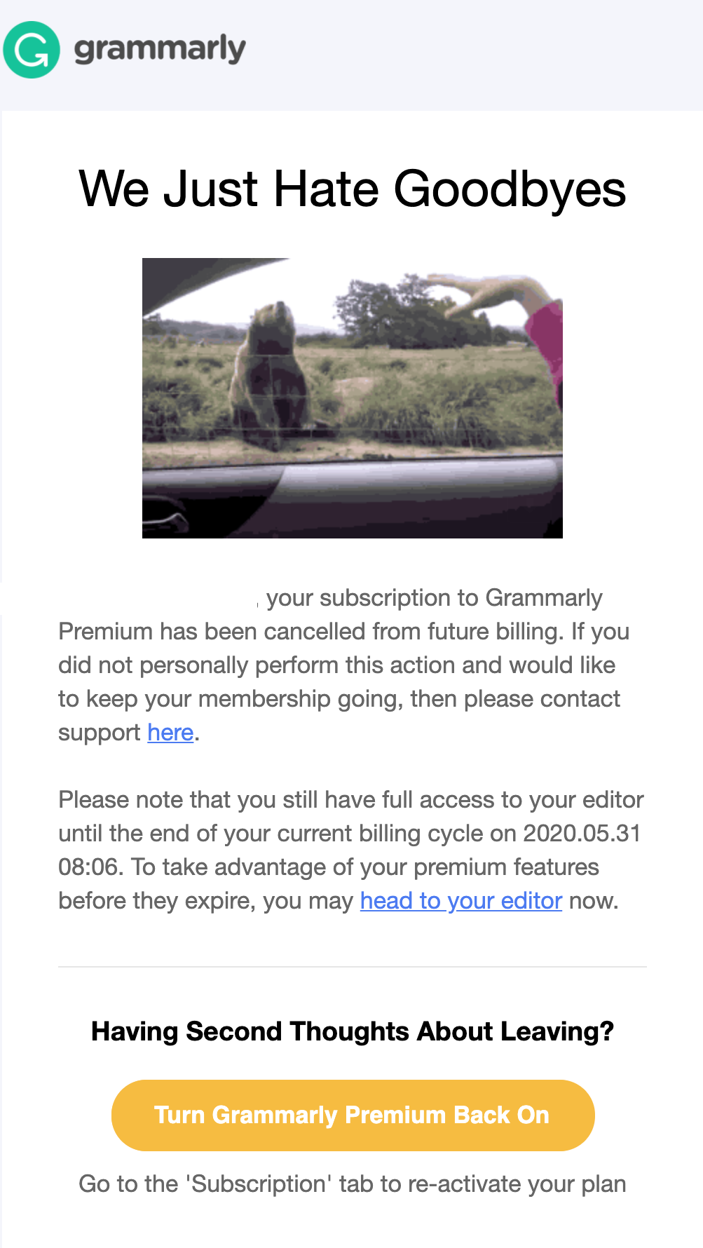 subscription cancelation email