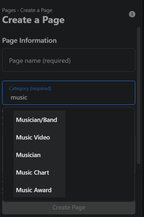 facebook page categories