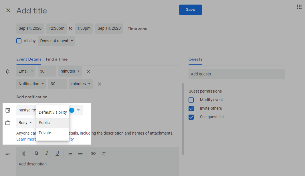 Google Takvim'de bir takvim etkinliği için gizlilik ayarlarını seçme
