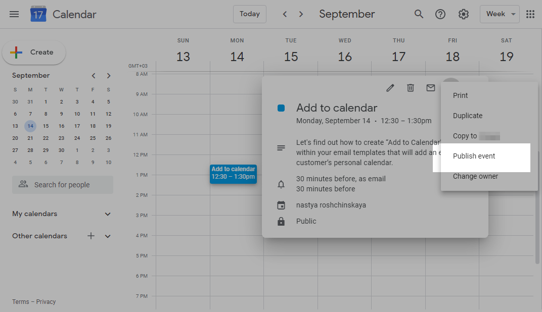 Publishing a calendar event Publishing a calendar event