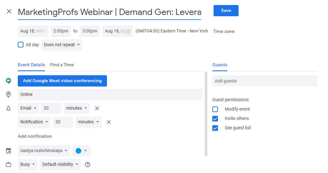 calendar event setup page calendar event setup page