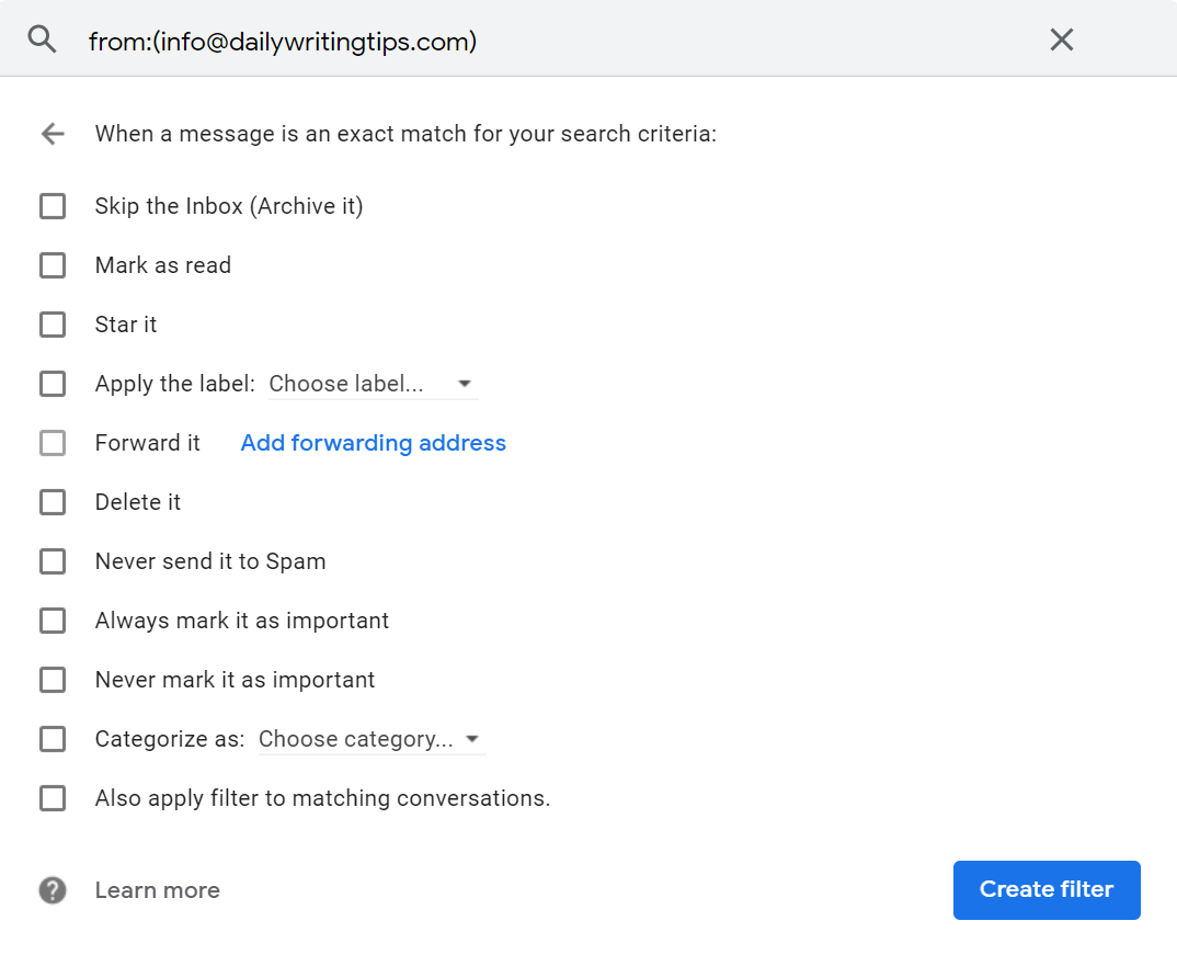 gmail filtering options