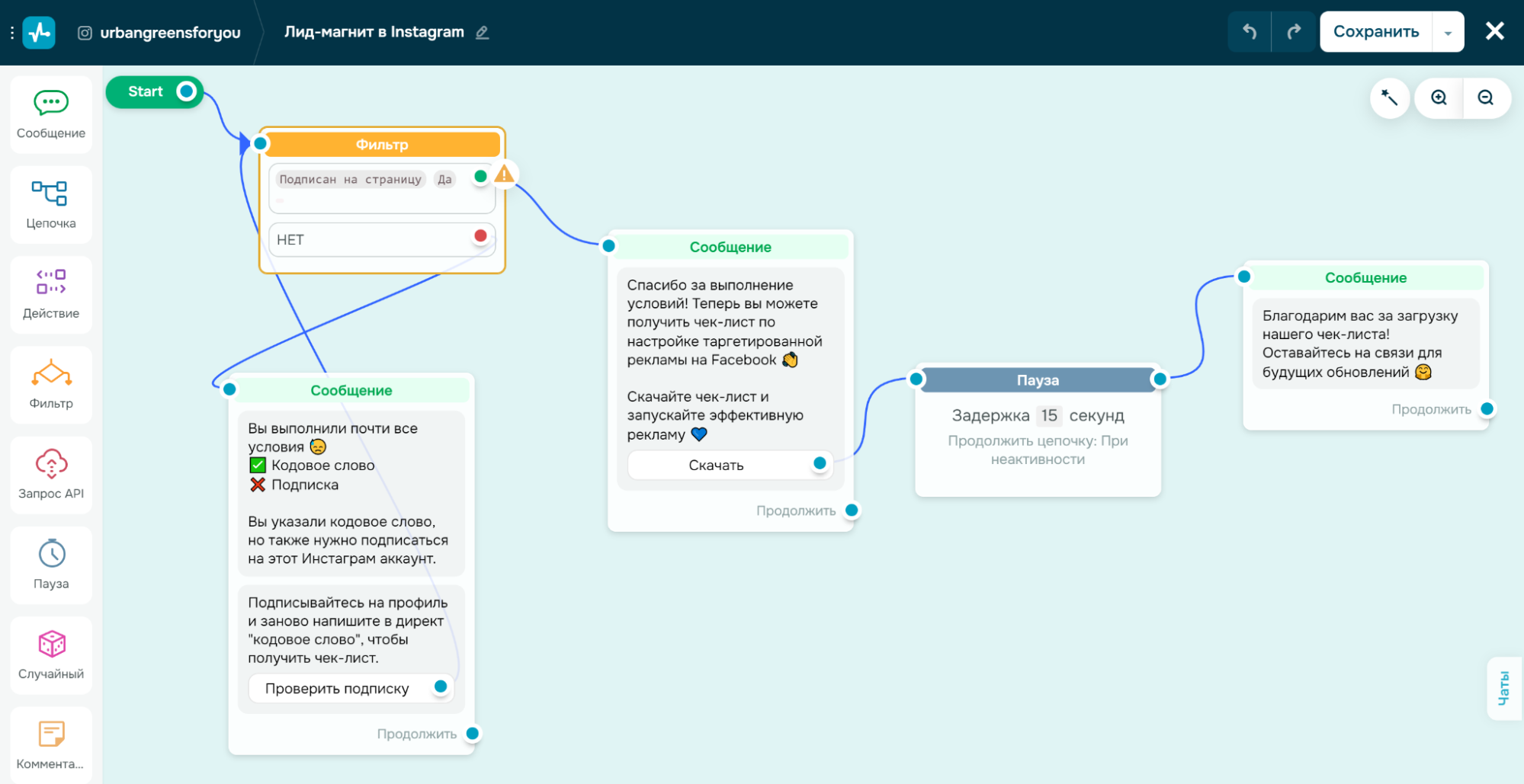 Цепочка бота в конструкторе SendPulse Цепочка бота в конструкторе SendPulse