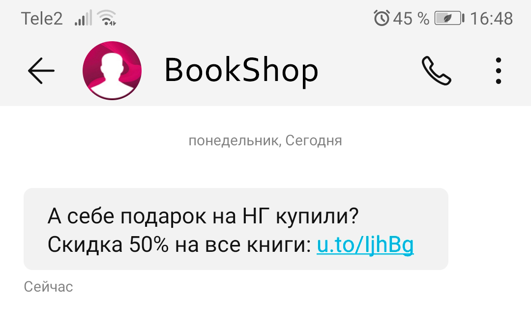 Пример новогодней рассылки SMS от книжного магазина