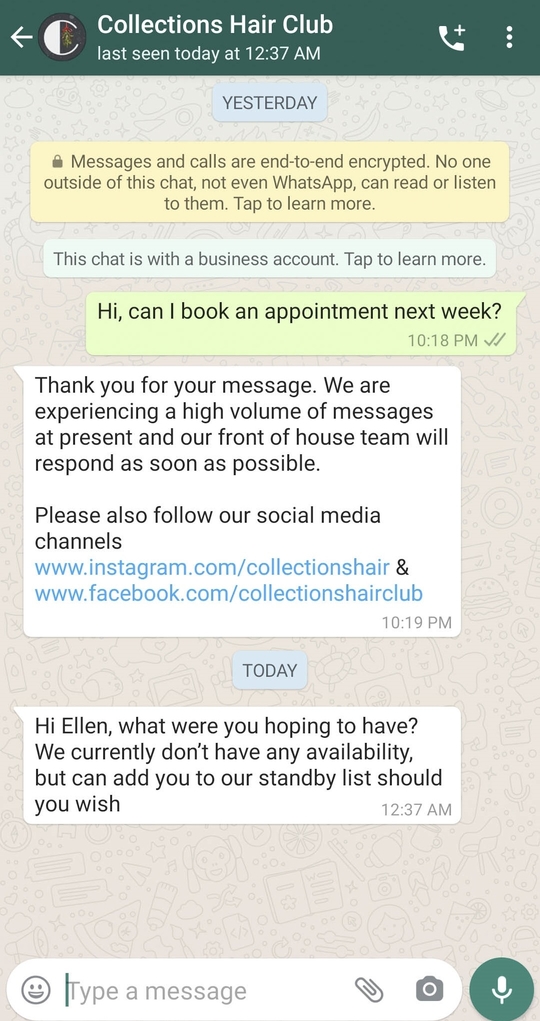 Collections Hair Club WhatsApp üzerinden randevu alma imkanı sunuyor