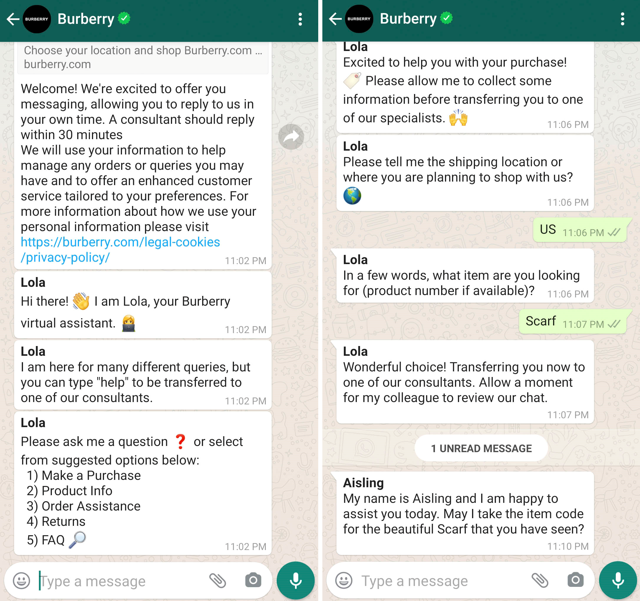Burberry kişisel danışmanlık ve yardım sağlamak için WhatsApp'ı kullanıyor