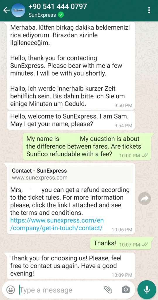 A Sunexpress oferece atendimento ao cliente em vários idiomas via WhatsApp