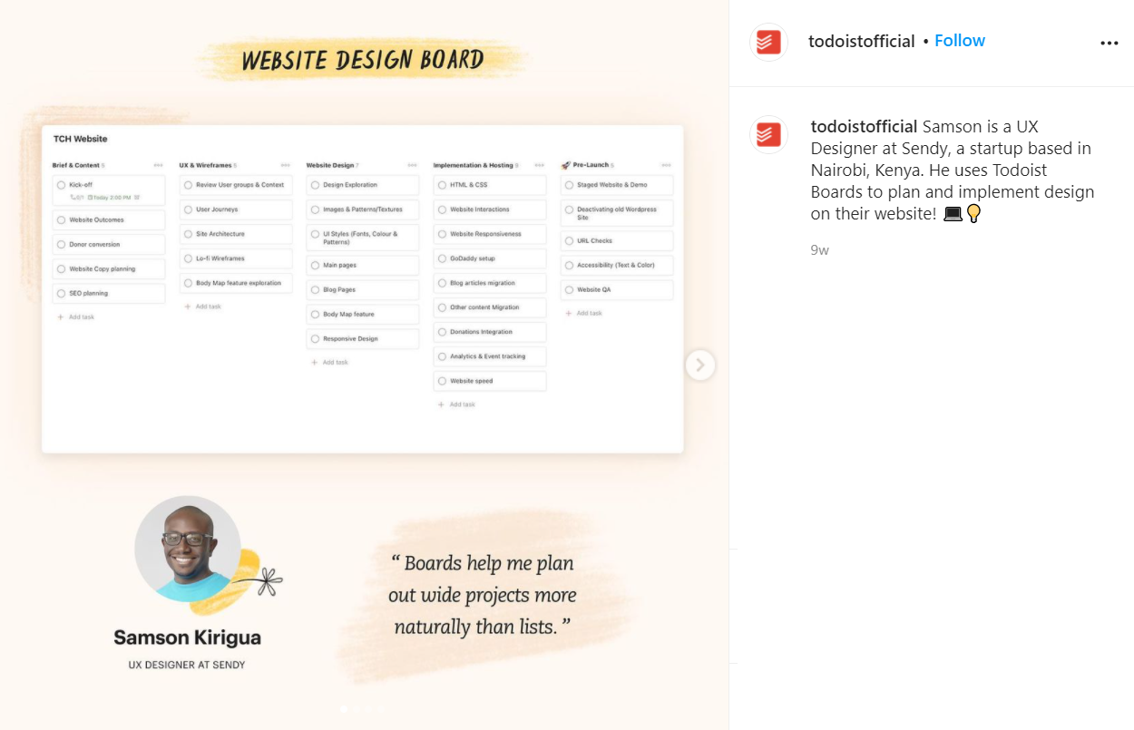 Instagram post from ToDoist