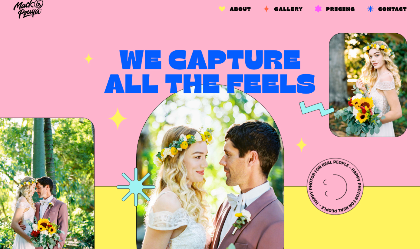 A Mack e Pouya oferecem uma foto de casamento e usam suas imagens de landing page para inspirar os visitantes