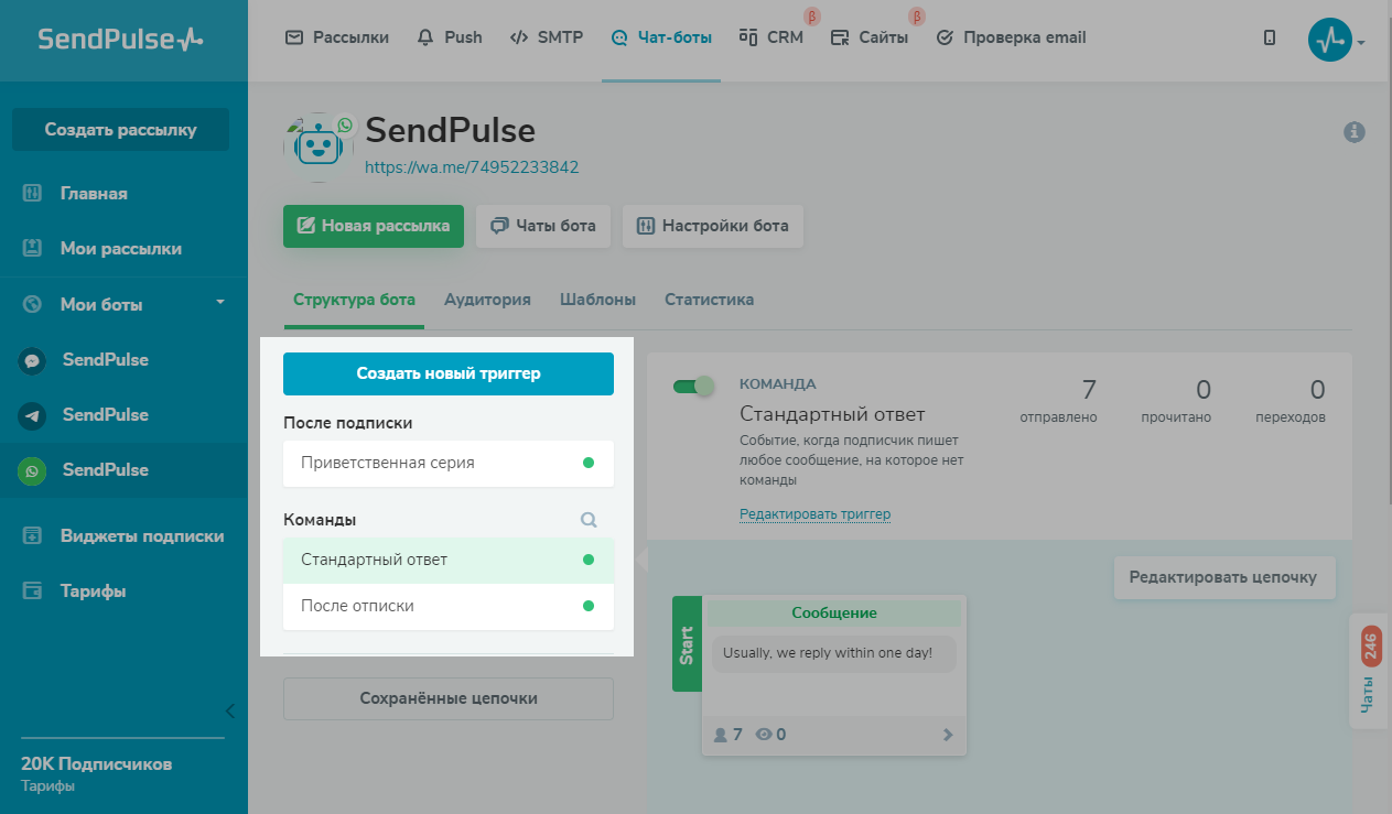 Предустановленные триггеры для старта цепочки чат-бота