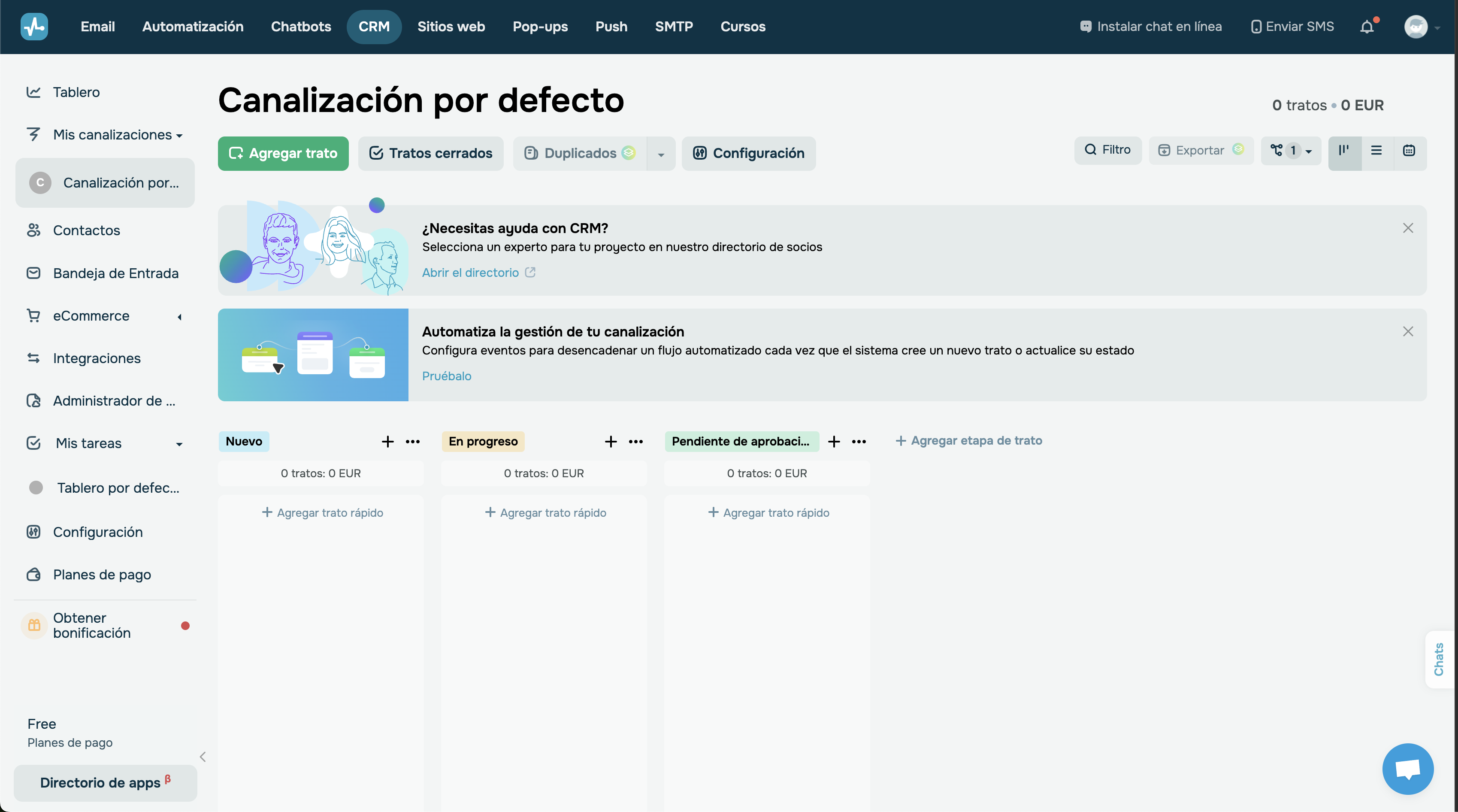 Captura de pantalla del CRM para empresas de SendPulse