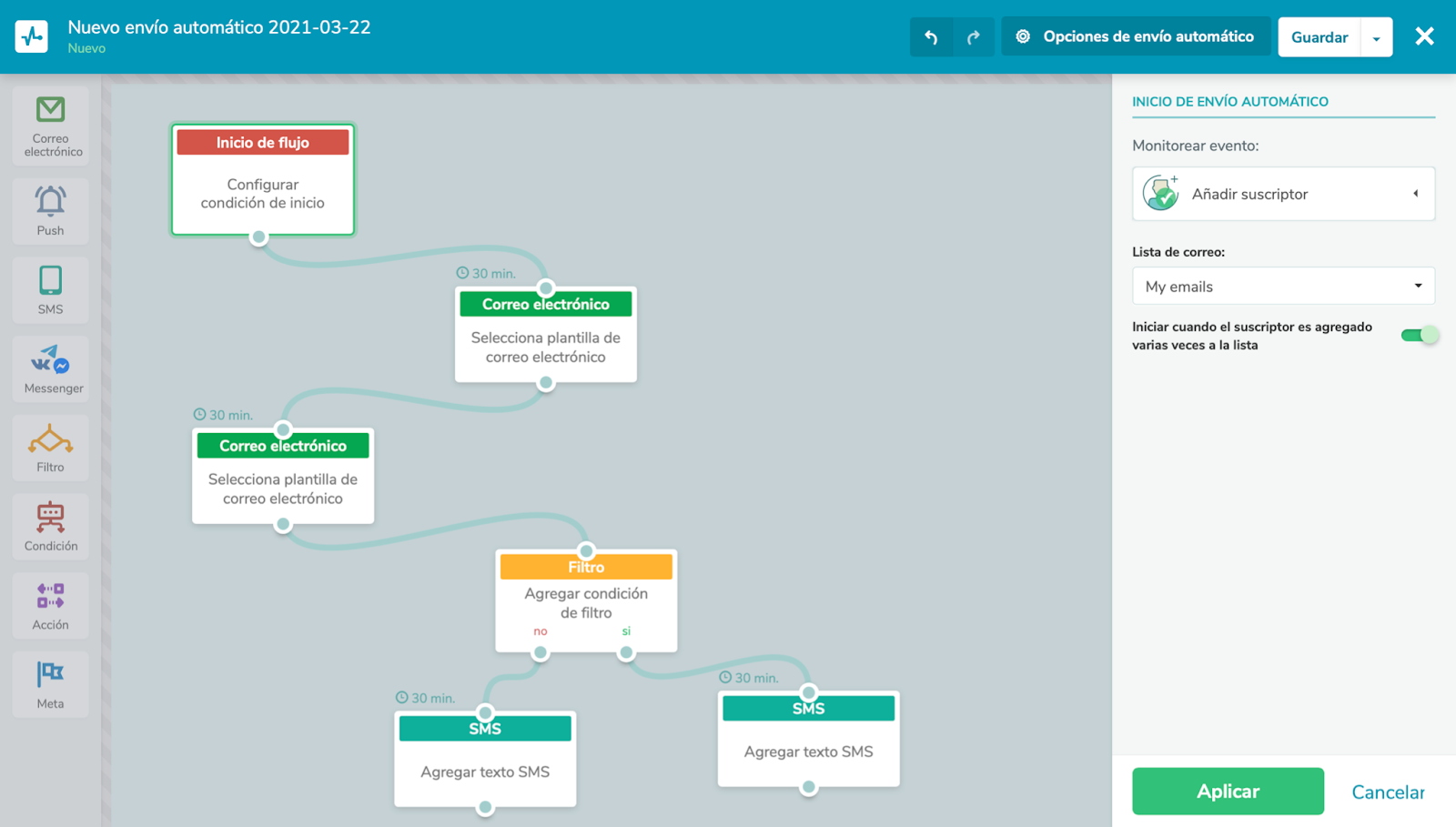 Flujo de automatización de marketing en la plataforma de SendPulse