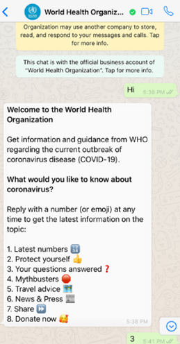 DSÖ'nün WhatsApp sohbet botuu aracılığıyla COVID-19