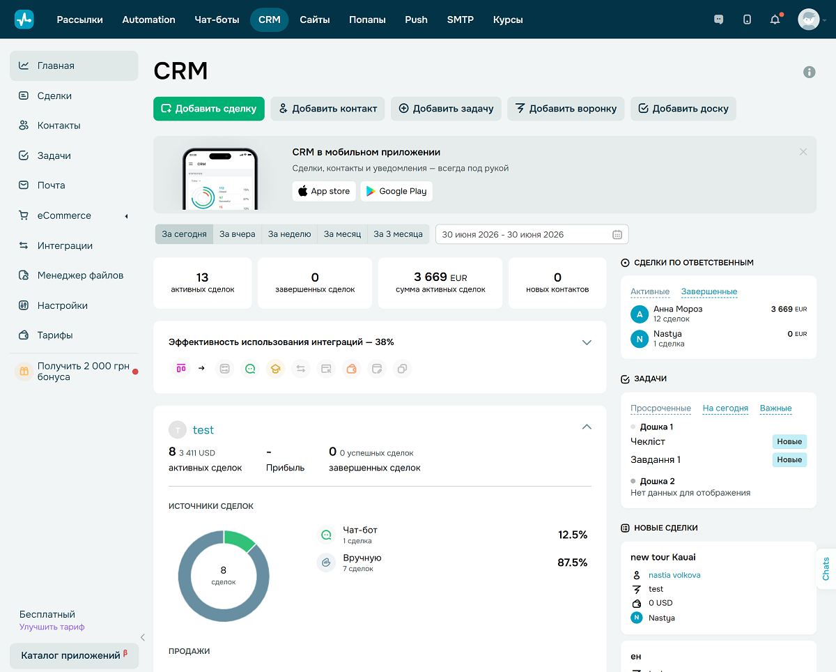 Главная страница CRM SendPulse