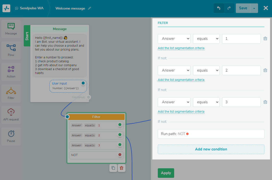 building whatsapp bot with sendpulse