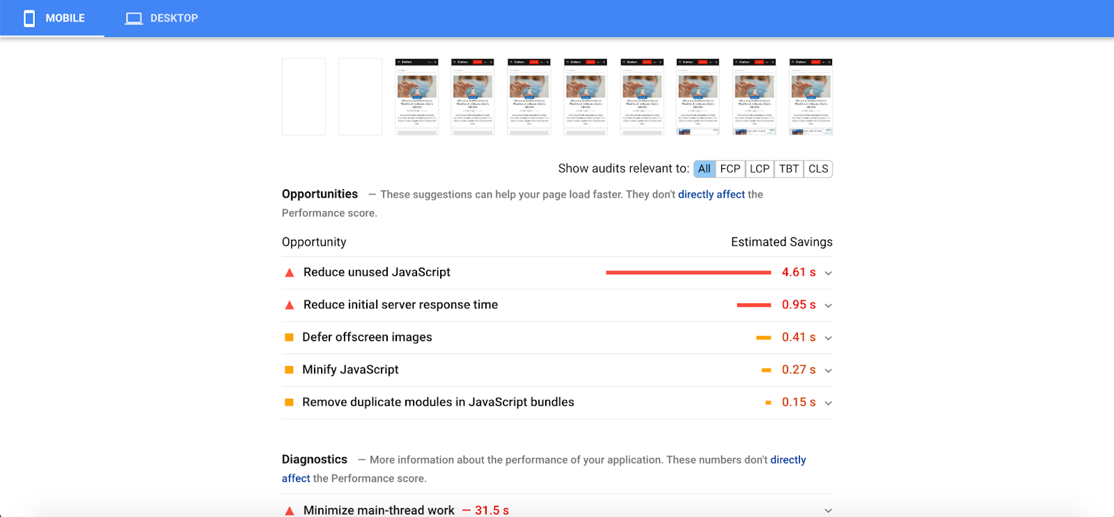 Pagespeed Insights test results