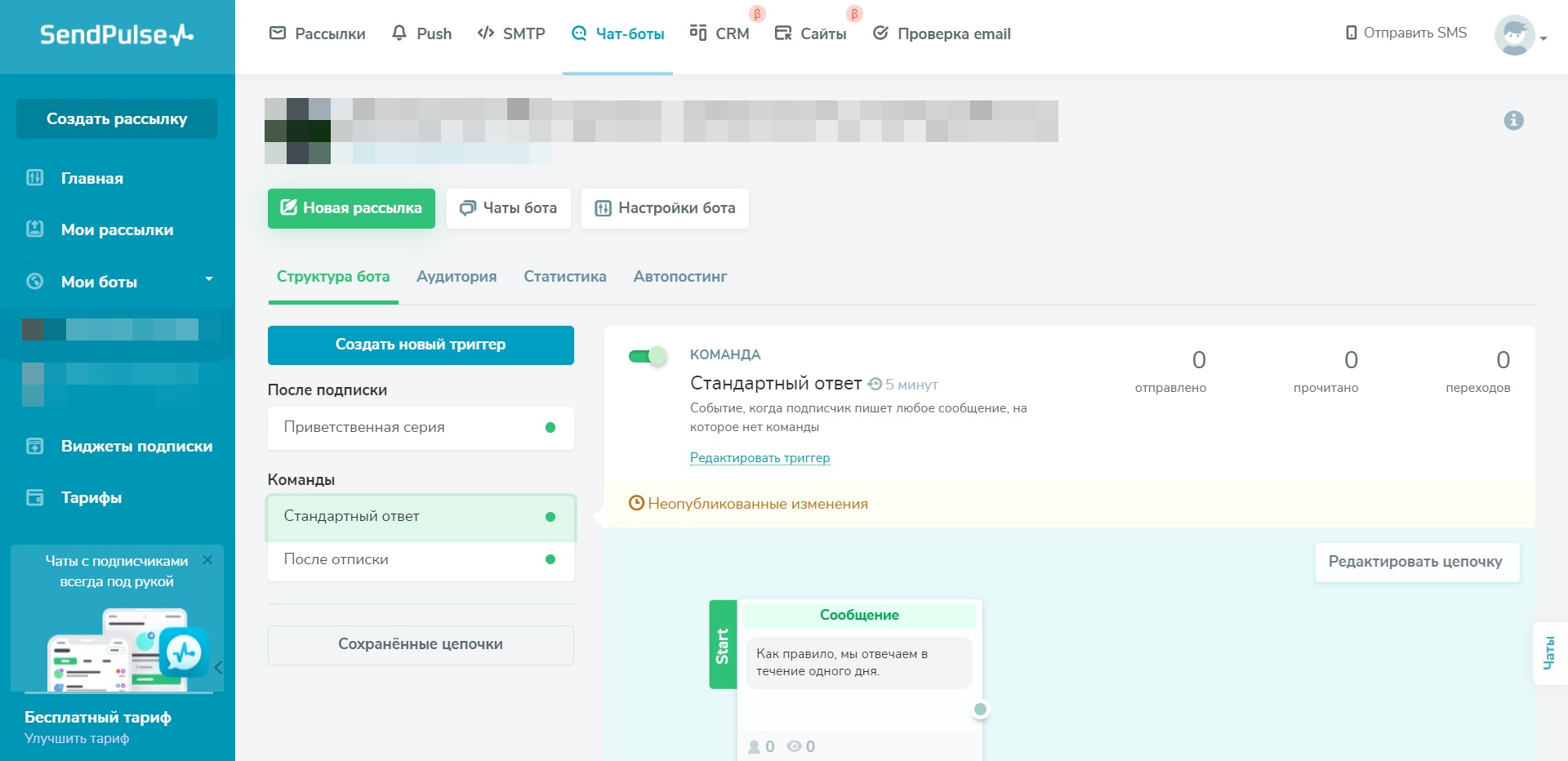 Розділ налаштувань чат-бота для вибраного каналу