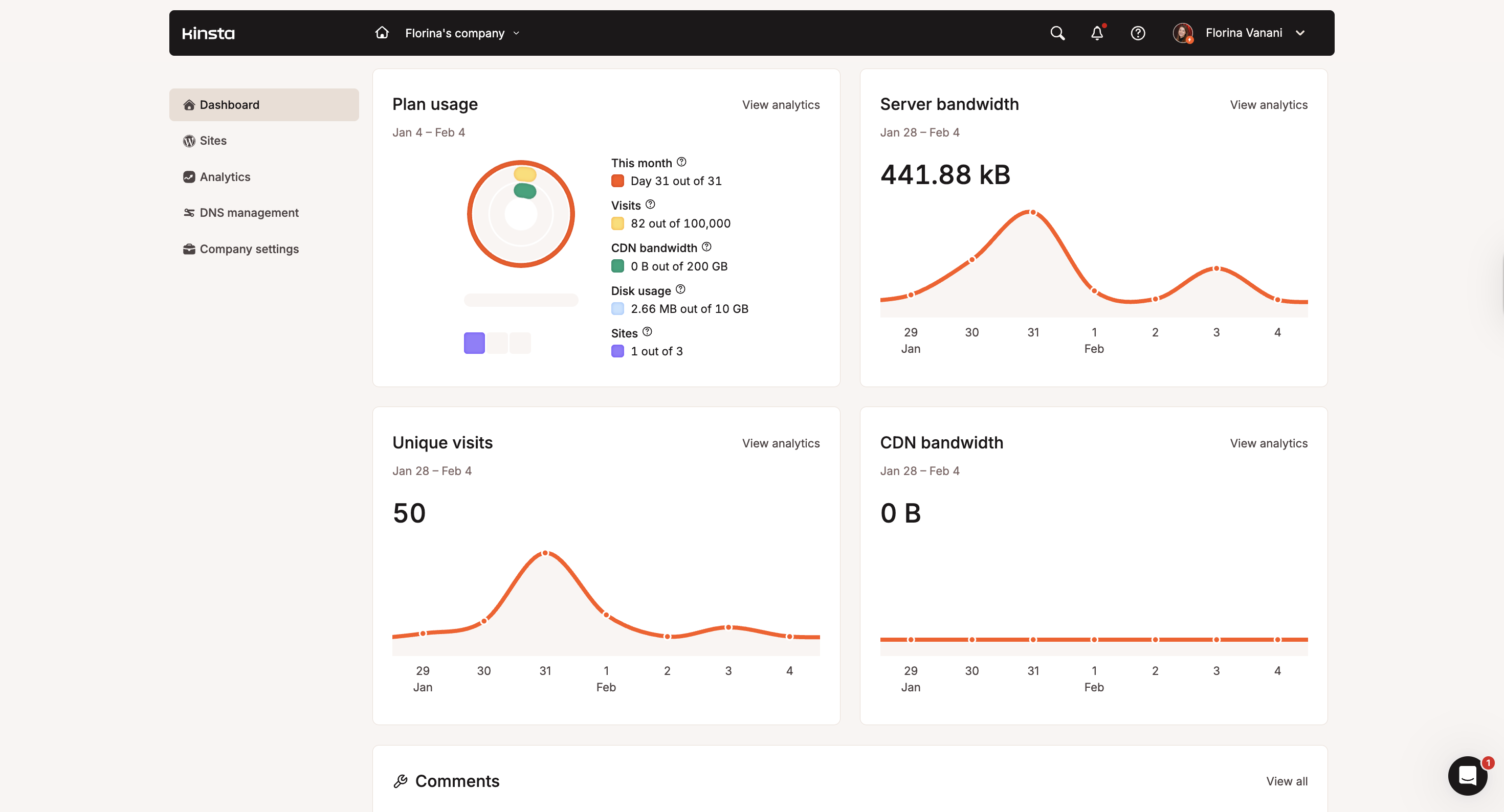 Kinsta’s dashboard