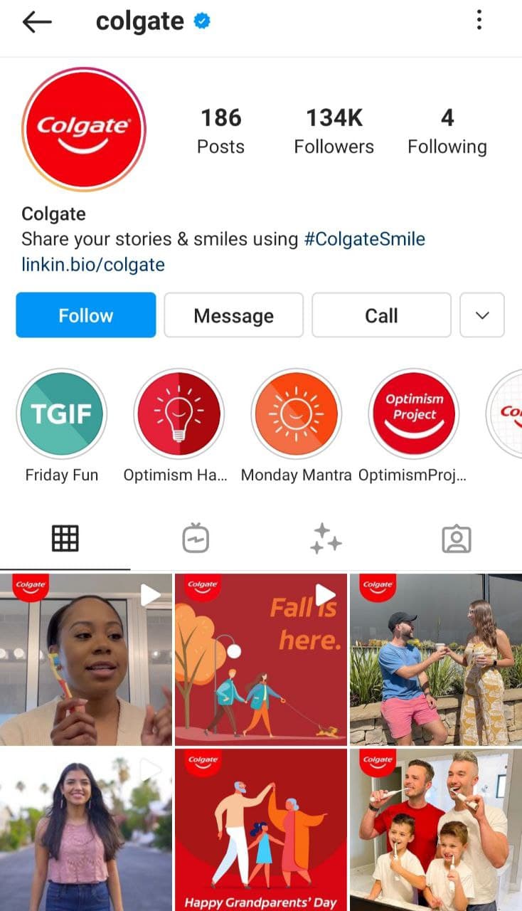 A bio da Colgate apresenta sua hashtag de marca principal