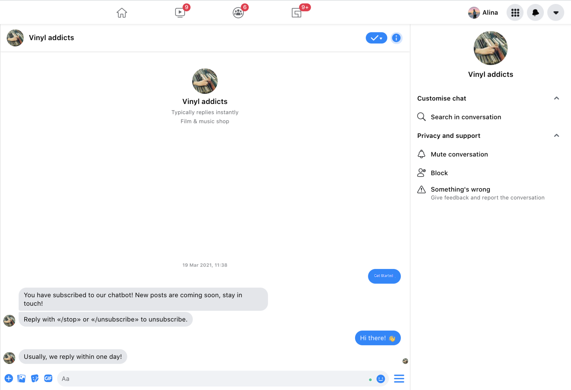 Facebook chatbot by 13Chats