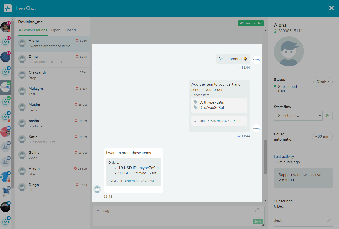 orders placed by your customers will be displayed in the live chat