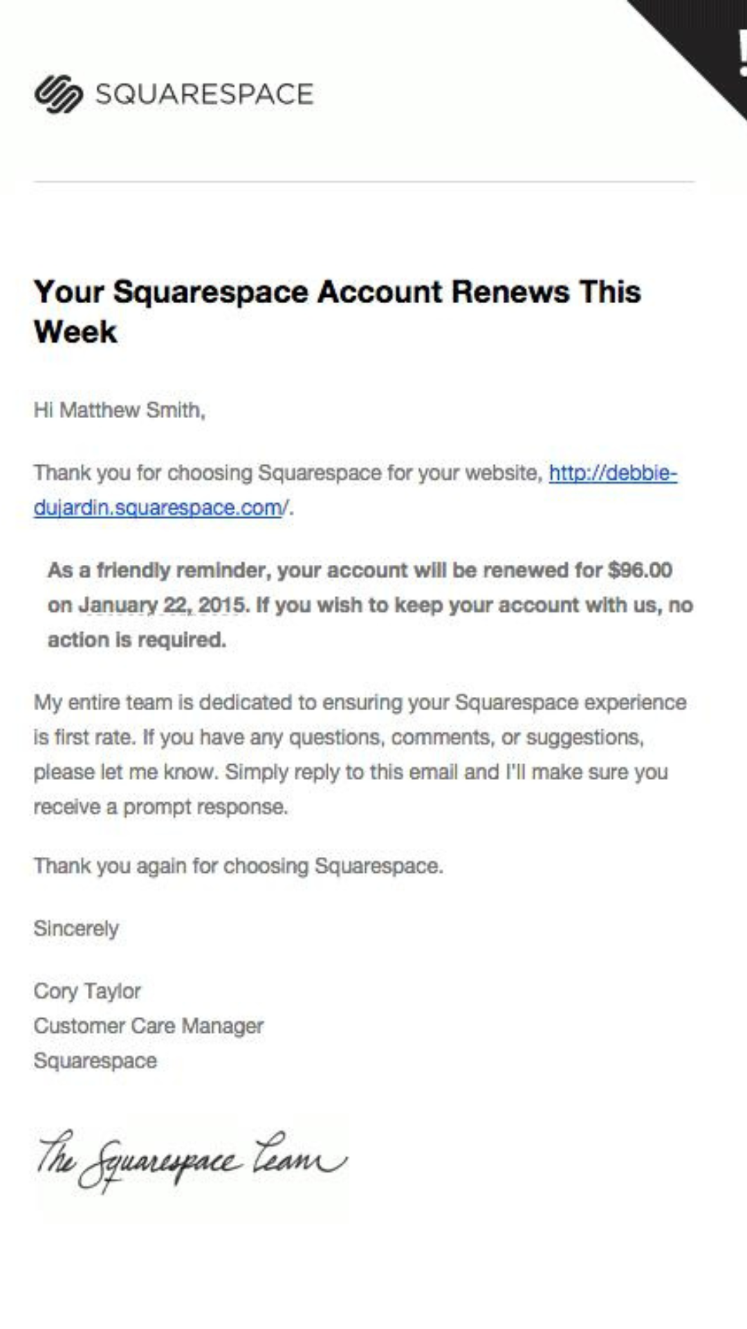 Este e-mail da SquareSpace é um ótimo exemplo de e-mail de renovação.