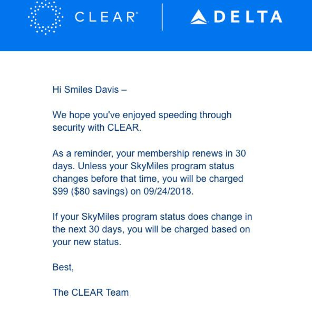 Este e-mail da CLEAR é um ótimo exemplo de e-mail de renovação.