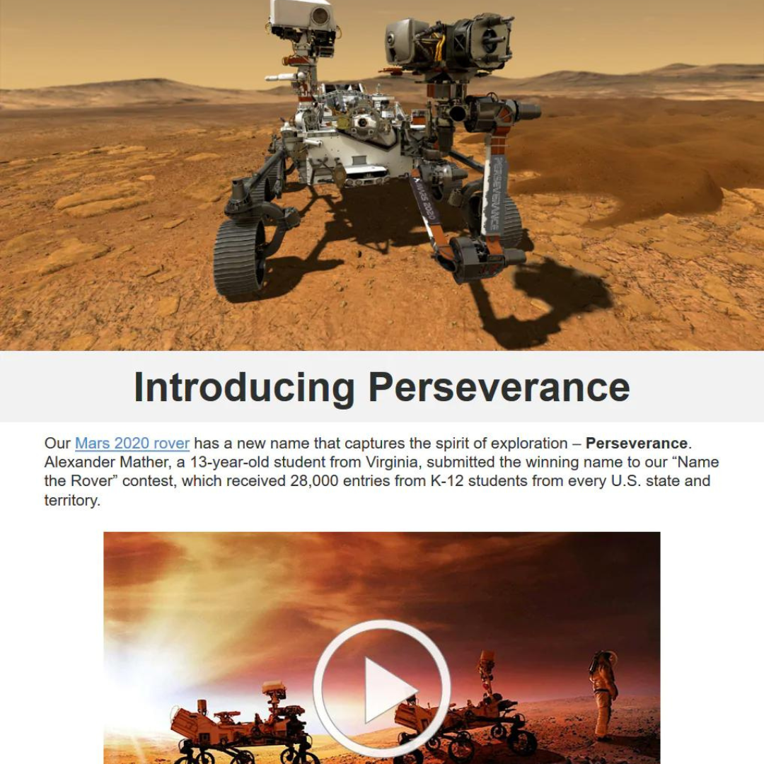 A NASA apresentou o nome escolhido pelo concurso. A NASA continuou agregando valor ao enviar e-mails apresentando o nome escolhido no concurso.