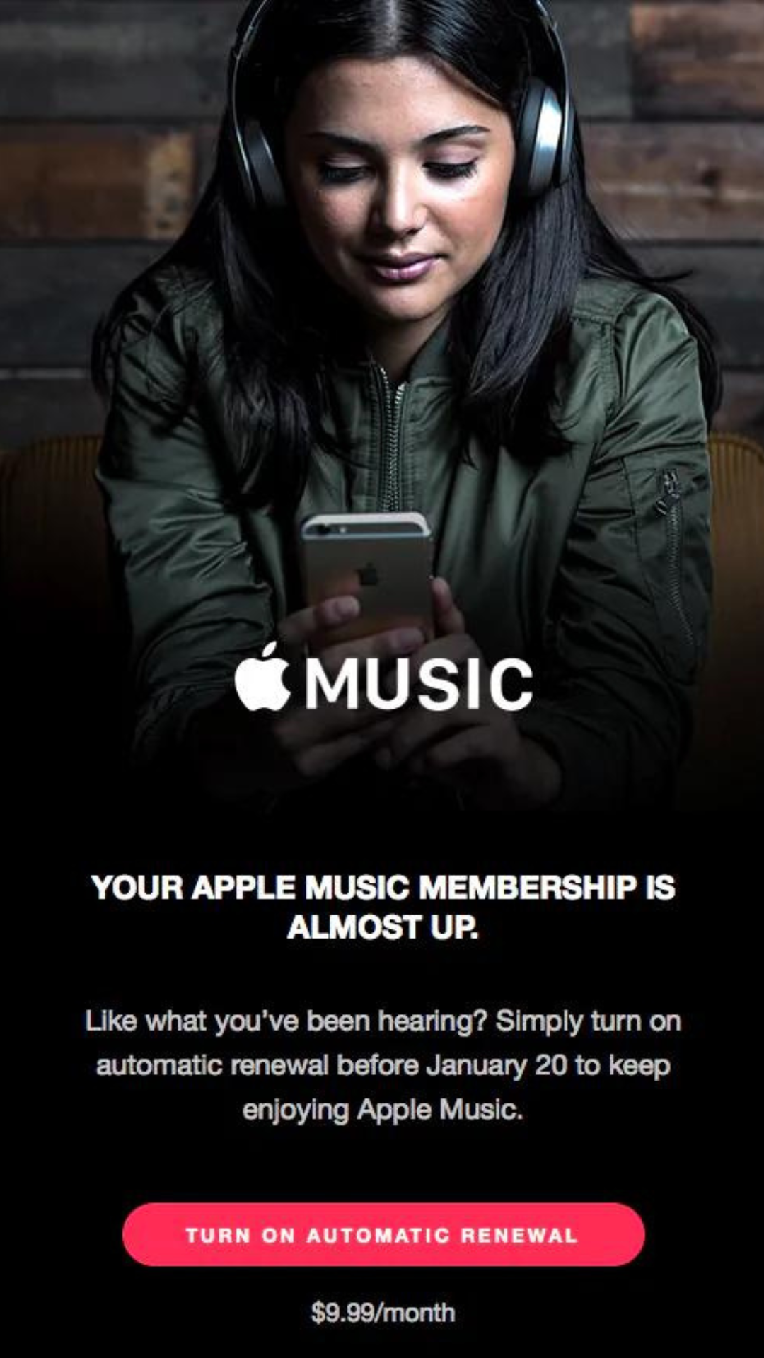 Exemplo de e-mail de renovação da Apple Music. Este e-mail da Apple Music é um ótimo exemplo de e-mail de renovação.