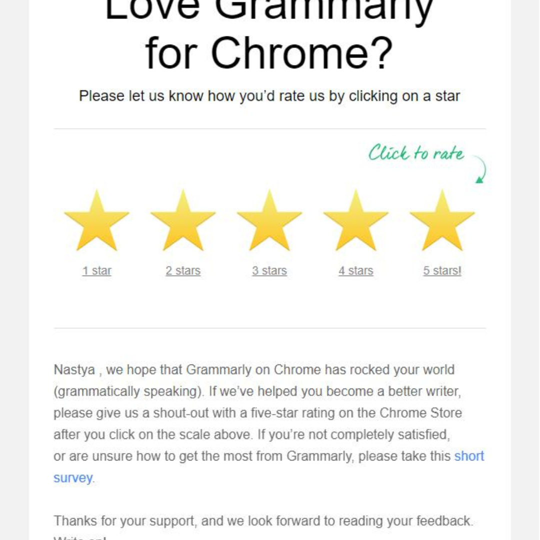 O Grammarly pede feedbacks às seus clientes. O Grammarly agrega valor aos seus clientes colhendo feedbacks.