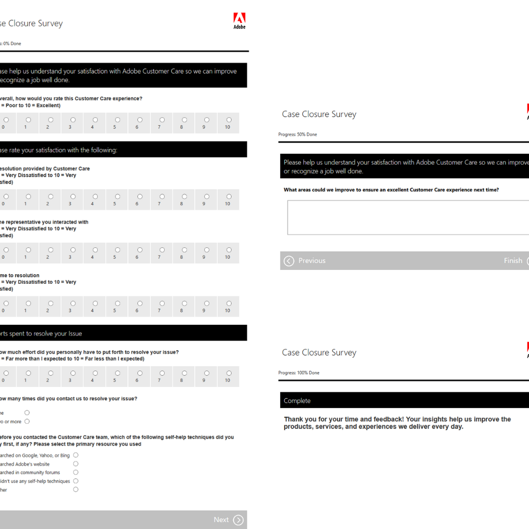 A Adobe envia pesquisas de satisfação para os clientes. A Adobe agrega valor aos clientes enviando pesquisas de satisfação.