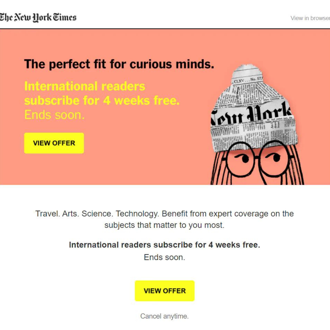 E-mail de última chance do New York Times. O email do New York Times é um ótimo exemplo de e-mail de última chance.