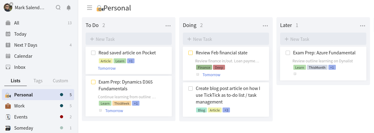 Дашборд завдань у планері TickTick