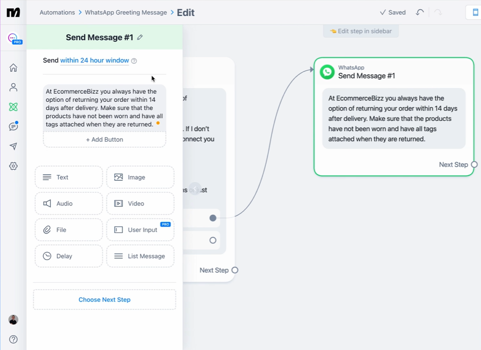 Editor de arrastrar y soltar de Manychat