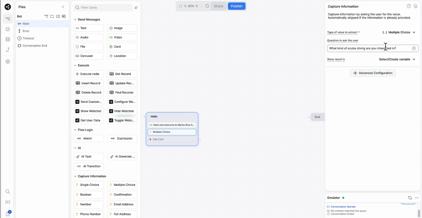 Flujo de conversación de chatbot para WhatsApp de Botpress