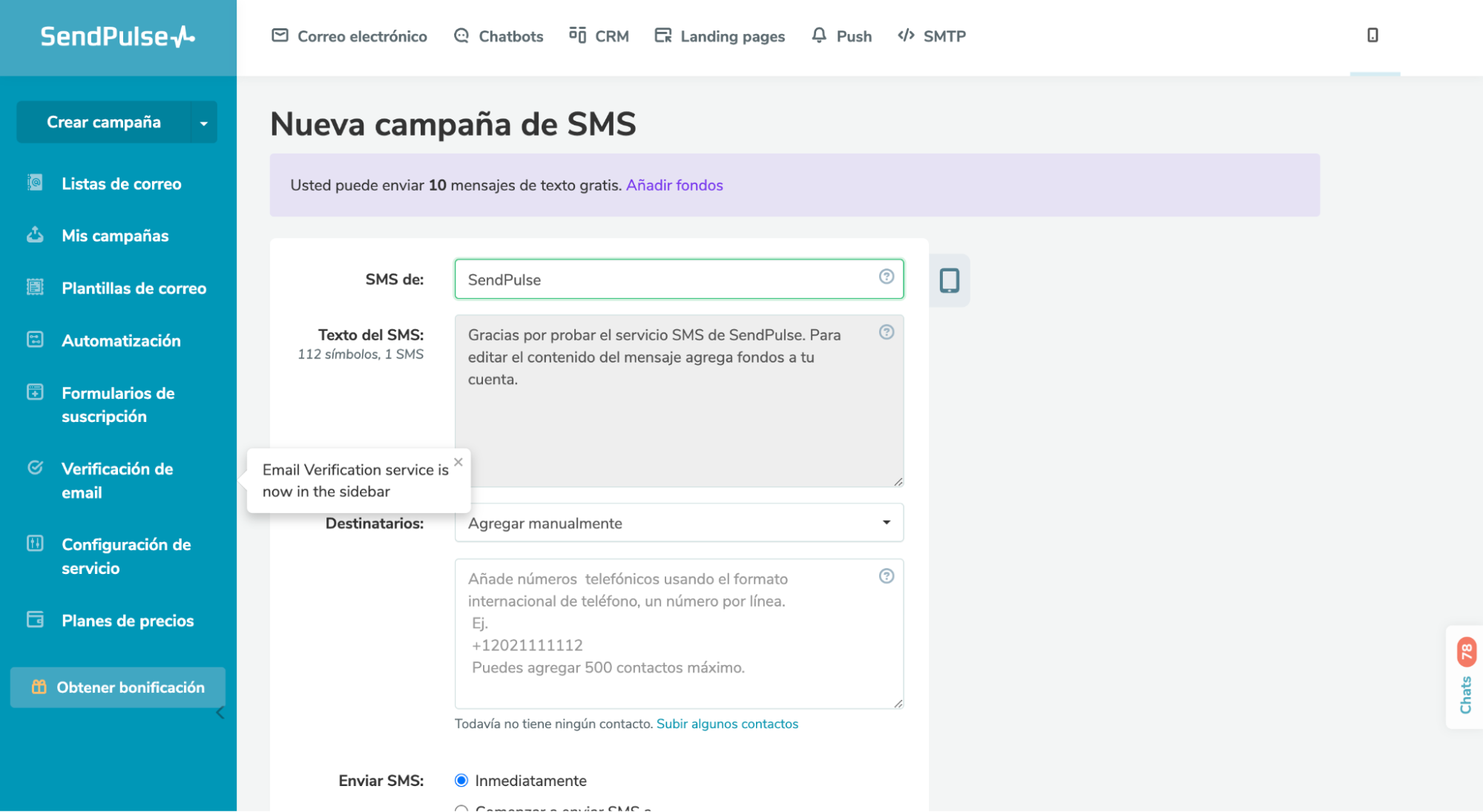 Campaña a través de SMS Marketing de SendPulse