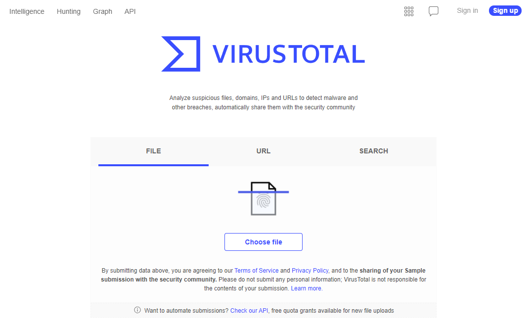 Головна сторінка VirusTotal Головна сторінка VirusTotal