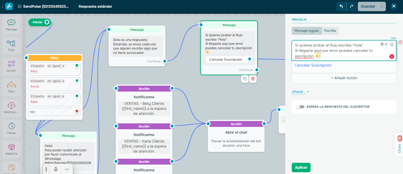 Creador de chatbot para WhatsApp de SendPulse