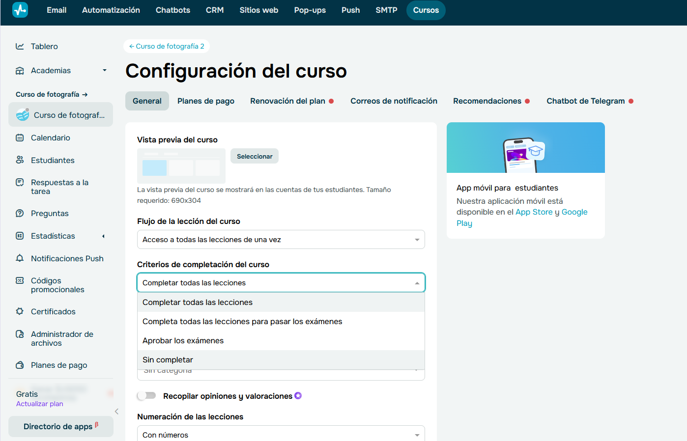 Sección de configuración del curso en SendPulse