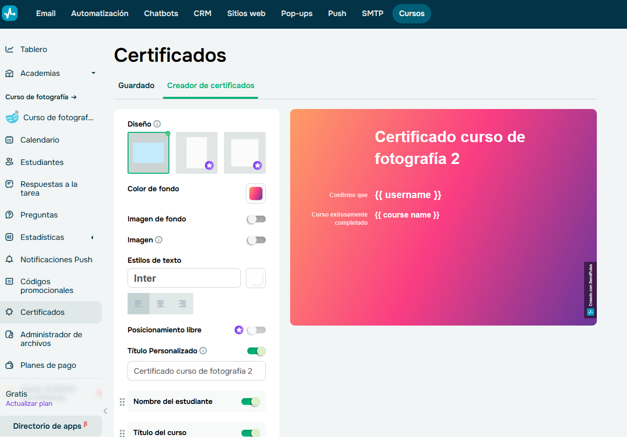 Puedes subir tu propio certificado o crear uno directamente en la plataforma de SendPulse