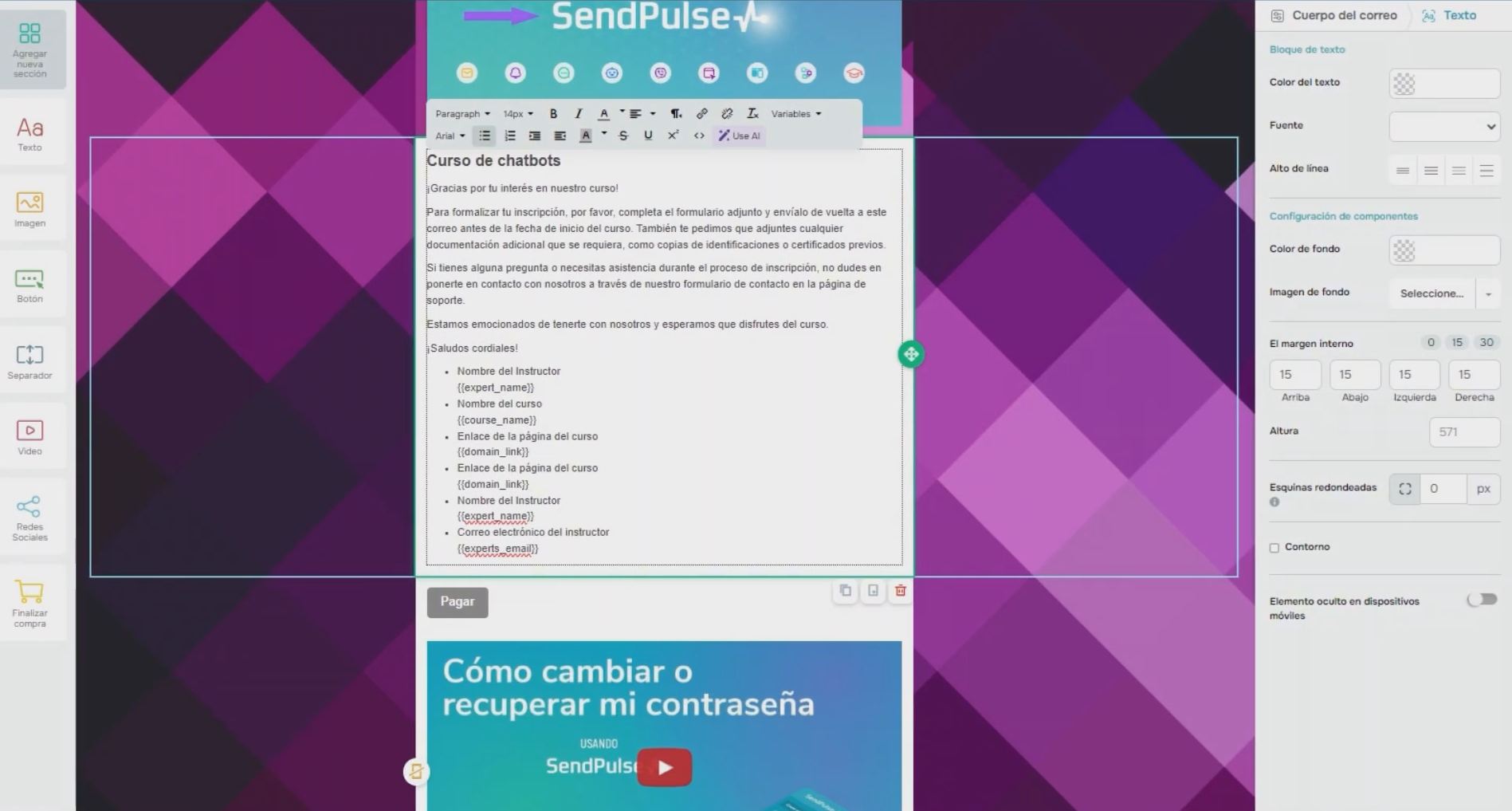 Correo electrónico personalizado para alumnos desde SendPulse