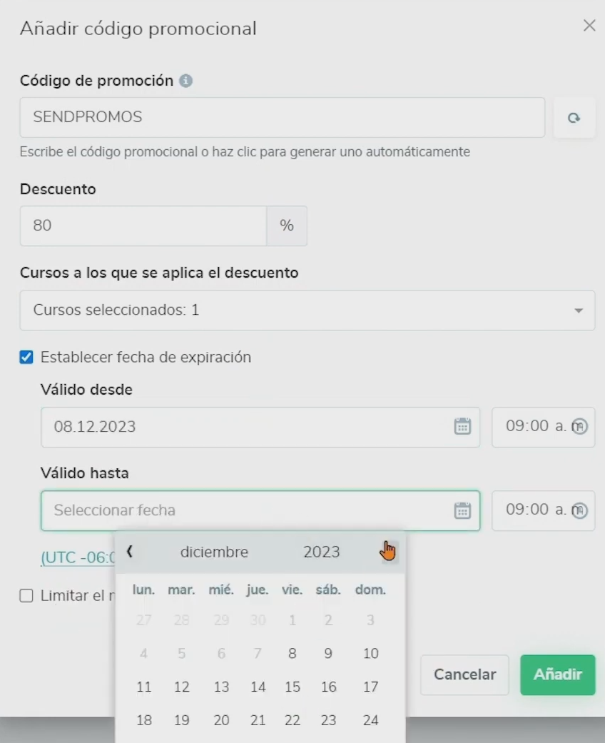 Puedes agregar descuentos para tus cursos creados con SendPulse, con fecha límite 