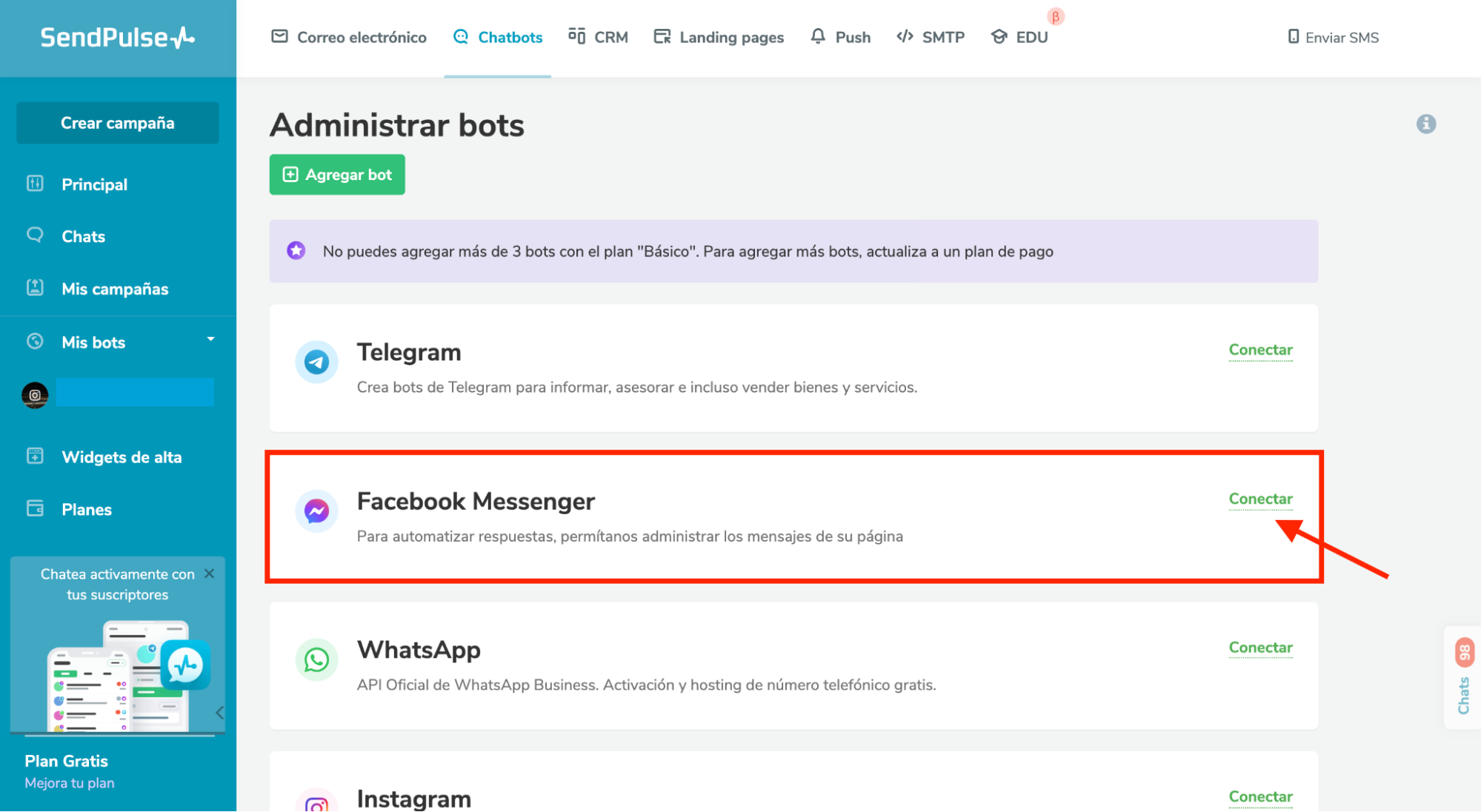Administrar los bots para hacer chatbot para Messenger