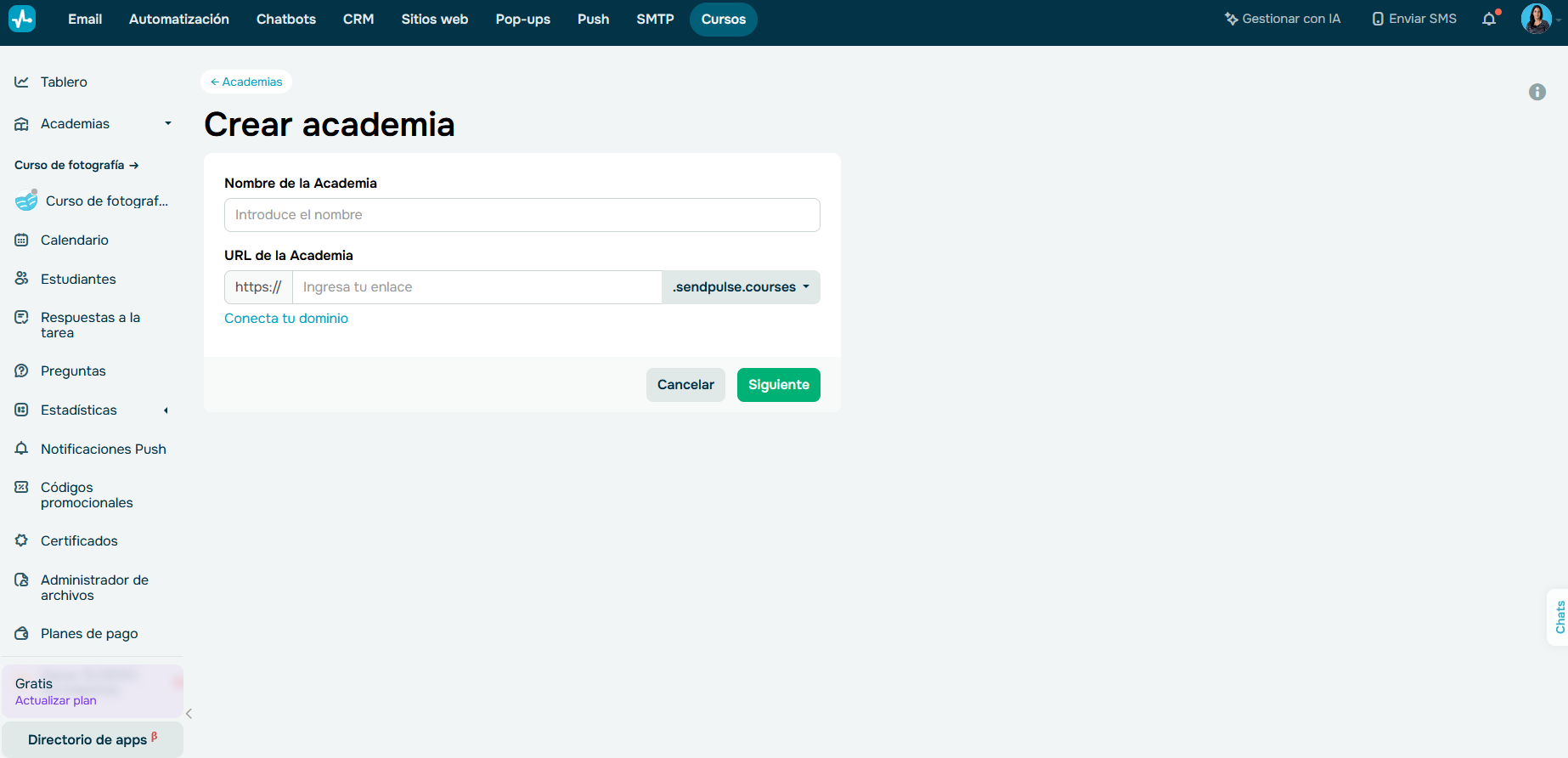 Academia LMS con el creador de cursos en línea de SendPulse